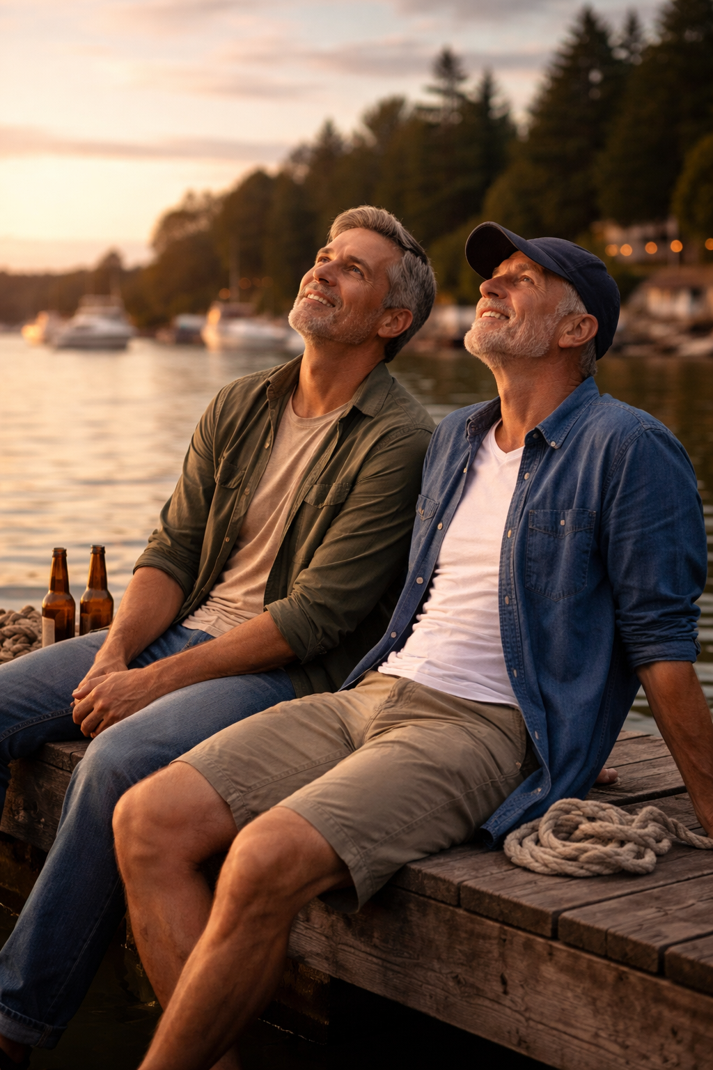 Men sitting at a warf, looking up at the sky